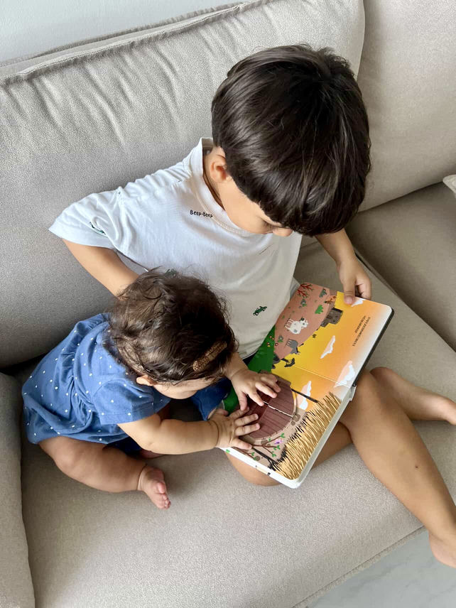 Irmãos lendo juntos o livrinho da Arca de Noé